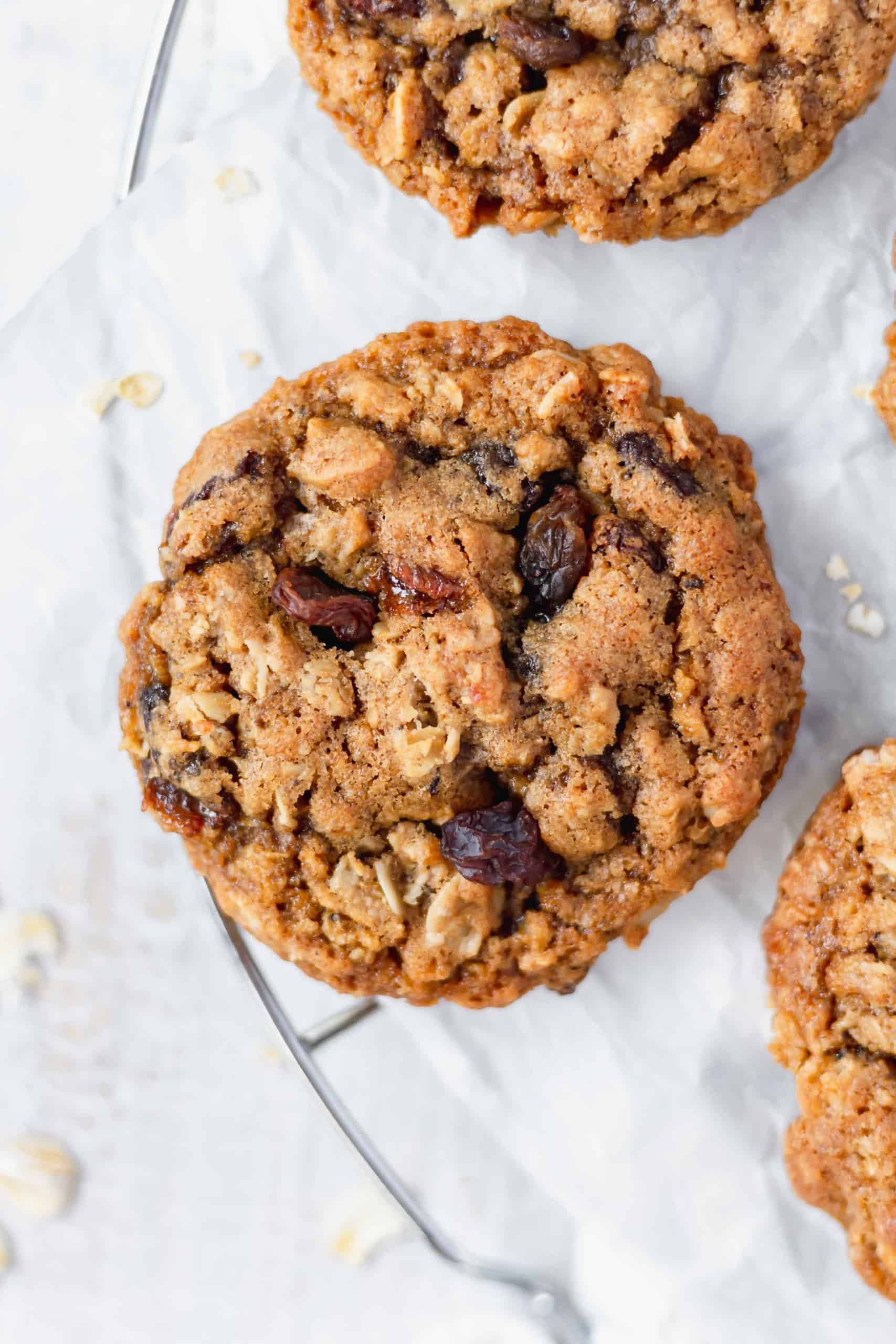Close up of an oatmeal cookie with raisins