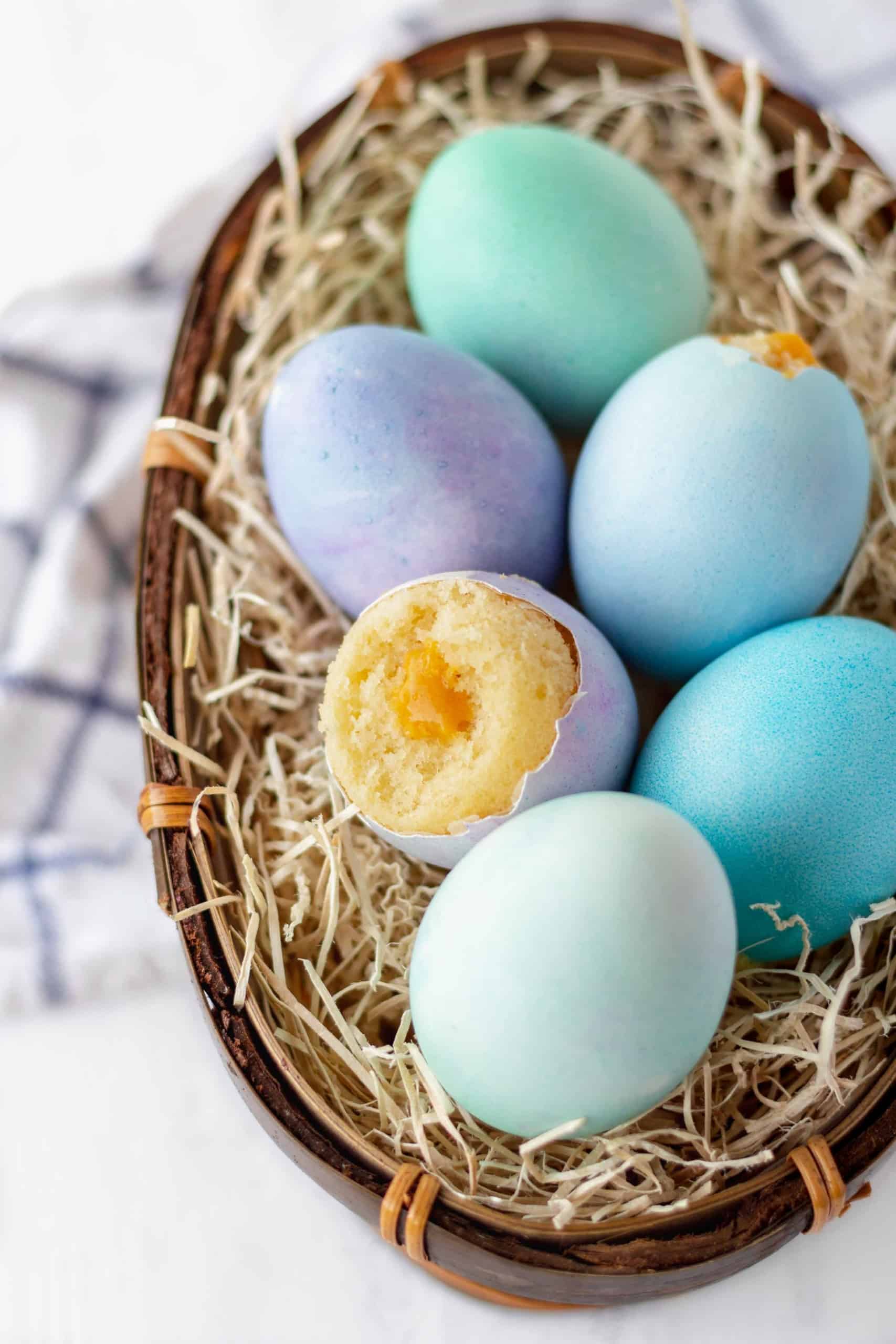 Vanilla cupcakes baked in eggshells with carrot curd