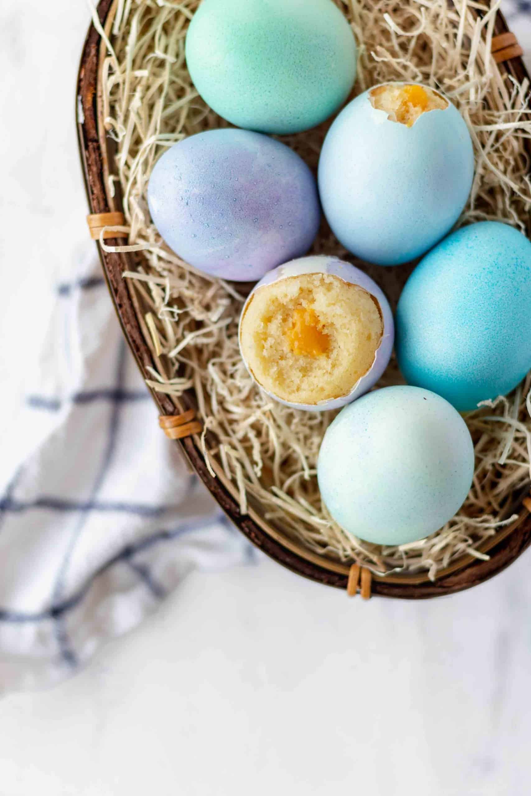 Vanilla cupcakes baked in eggshells with carrot curd