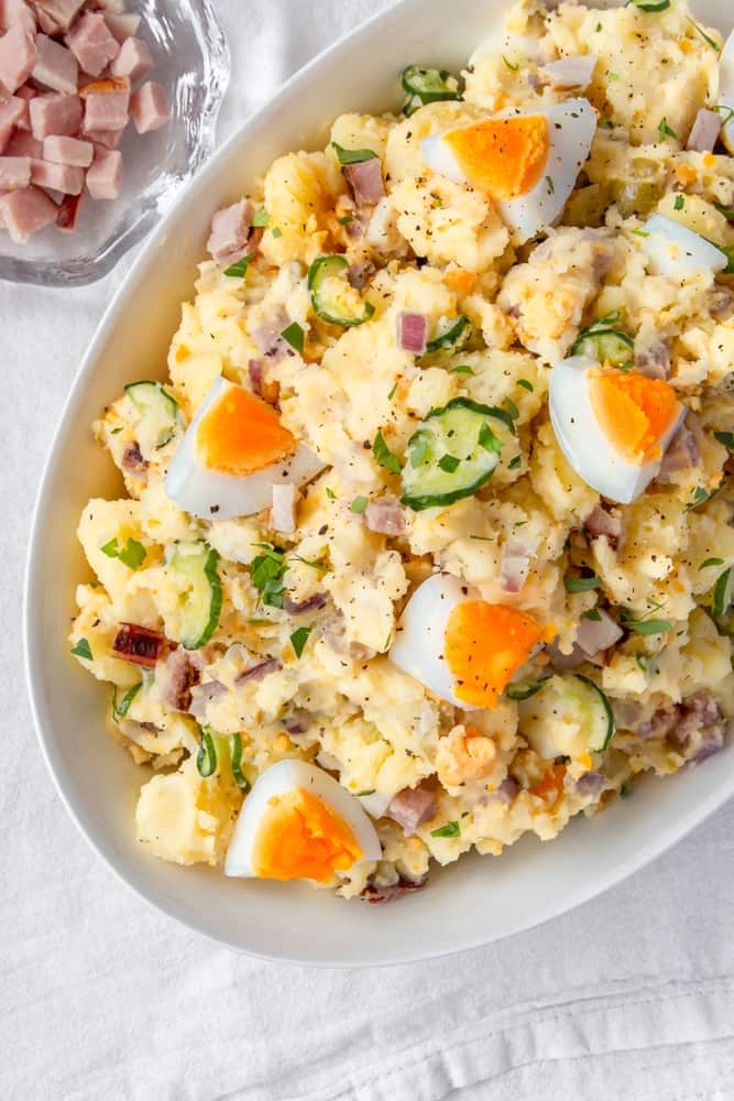A good potato salad is a must-have at any BBQ! My mom’s potato salad is the best: Japanese style with a twist that’s low on mayo and has boiled eggs! #potatosalad #mom’spotatosalad #thebestpotatosalad #dairyfree #glutenfree #bbq #sidedish