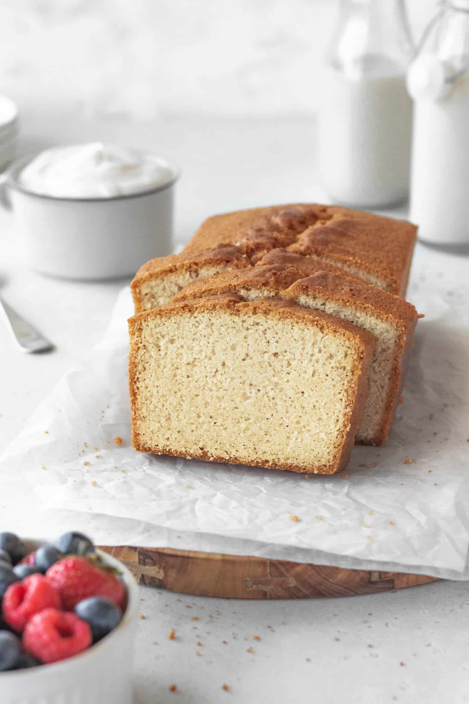 A sliced loaf of pound cake