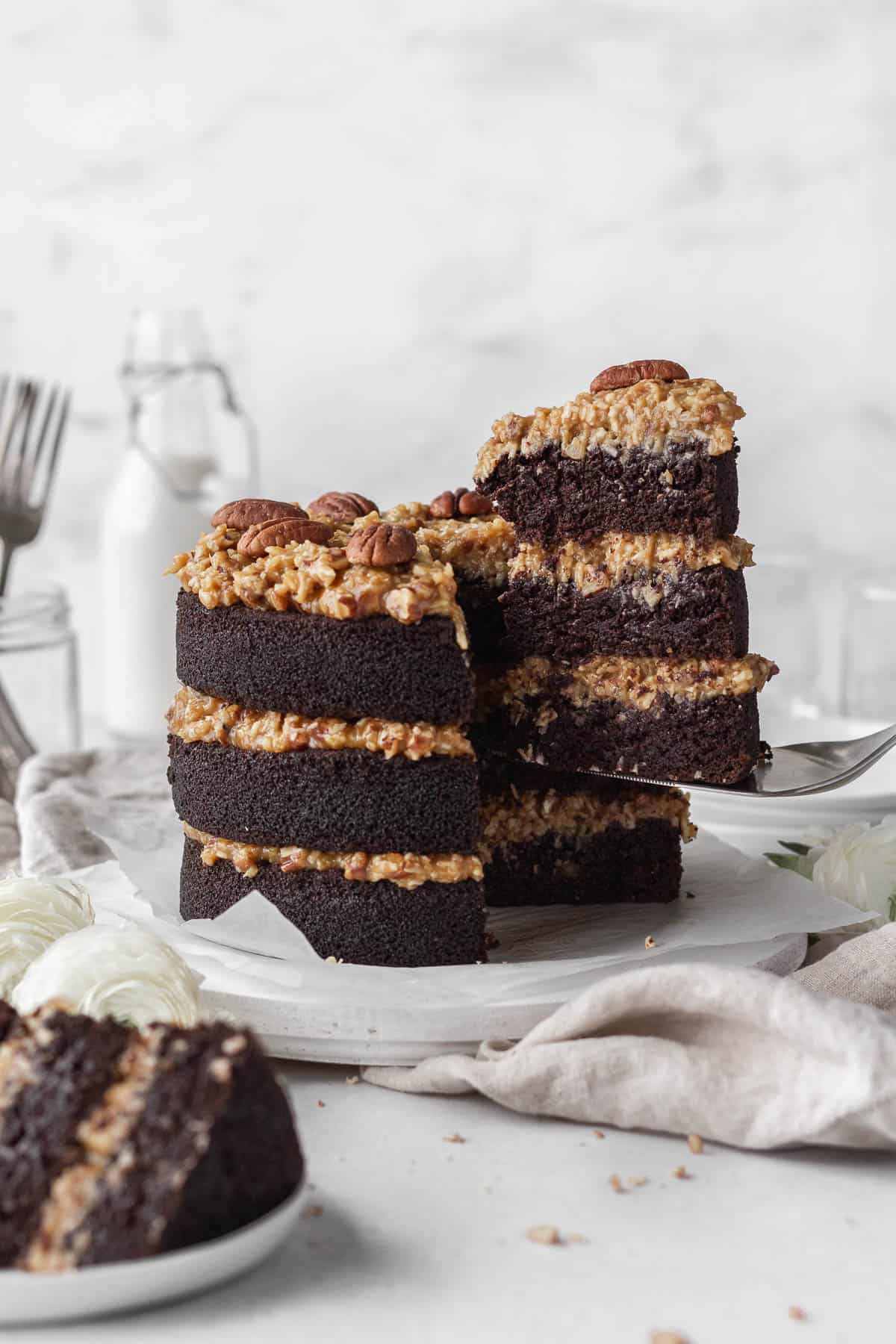 Taking a slice out of gluten-free German chocolate cake. 